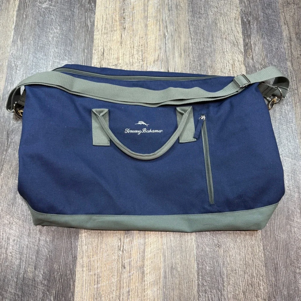 Tommy Bahama Navy Blue Canvas Duffel Bag Weekend Travel Carry On Soft Case